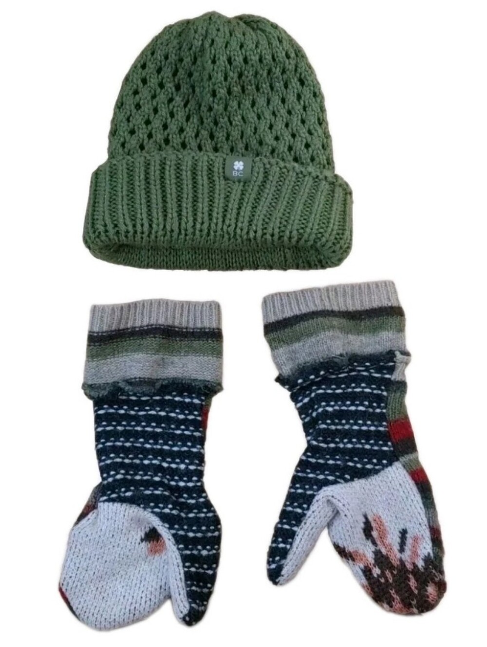 Boho Green Acrylic Cable Knit Beanie Wool Alpaca Mittens Hat Glove Set Woman O/S